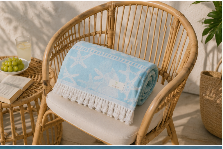 SunKiss Dubai Turkish Beach Towel – Sea Life Starfish Sky Blue | 100 x 80 cm Cotton Towel